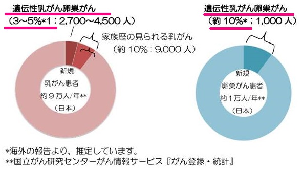 遺伝性乳癌卵巣癌症候群(HBOC)が乳癌、卵巣がん全体に占める割合 遺伝性乳癌卵巣癌症候群(HBOC)が乳癌、卵巣がん全体に占める割合