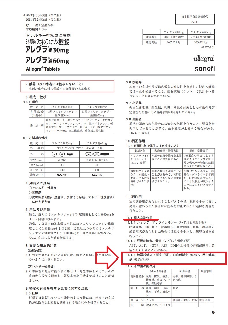 アレグラ 添付文書 重大な副作用 無顆粒球症・白血球減少・好中球減少 アレグラ 添付文書 重大な副作用 無顆粒球症・白血球減少・好中球減少